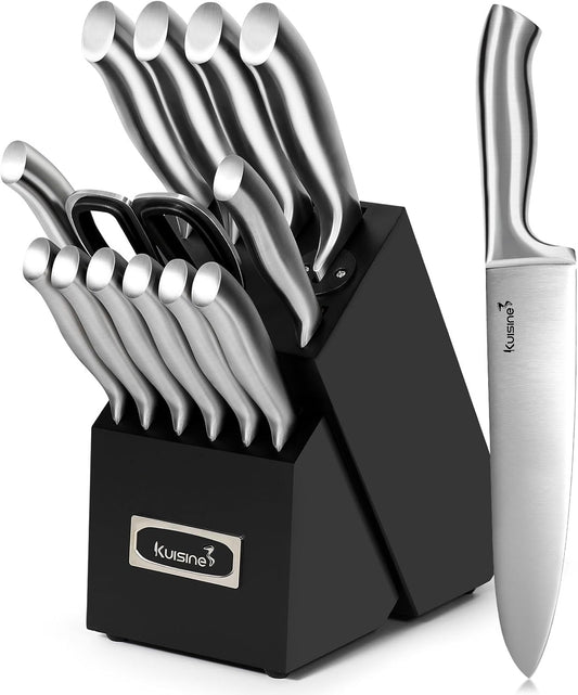 Sharp Knife Set,One-Piece Molding,Sharper Blade Ergonomic Non-Slip Steel Handle,Block Knife Set Chef Knife Set with Built-In Sharpener(Black,15Pcs)