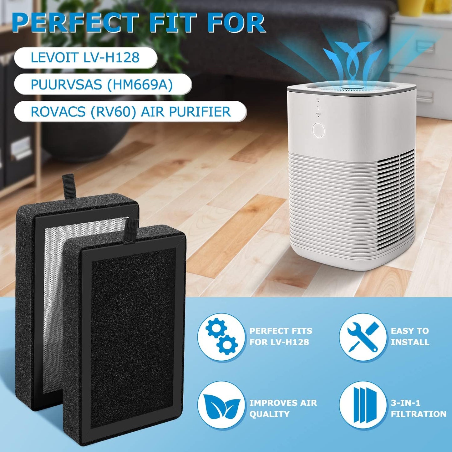 4-Pack Replacement Filters for LEVOIT LV-H128, PUURVSAS HM669A, and ROVACS RV60 Air Purifiers - 3-in-1 HEPA and Activated Carbon Filters, Compatible with Part #LV-H128-RF