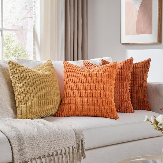 Set of 4 Burnt Orange Fall Decorative Throw Pillow Covers 18X18 Inch for Couch Bed Chair, Modern Farmhouse Boho Room Decor, Soft Fuzzy Corduroy Textured Striped Cushion Case 45Cm
