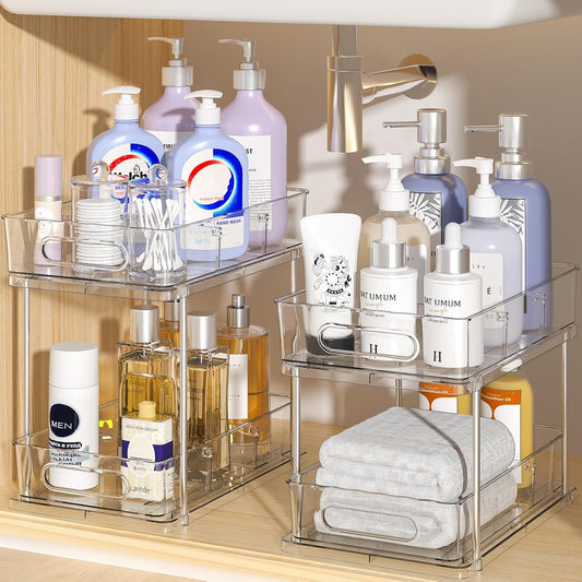 2 Pack Snap-Lock Bathroom under Sink Organizers and Storage, 2 Tier Pull Out Medicine Bathroom Cabinet Organizer, Multi-Purpose Kitchen Pantry Organization and Storage with Movable Divider
