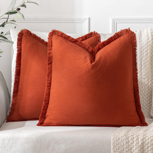 Throw Pillow Covers Fall Boho Farmhouse 18X18 Set of 2 Decorative Burnt Orange Couch with Fringe Chic Cotton Pillowcases Home Decor Accents for Cushion Soft Bed Living Room