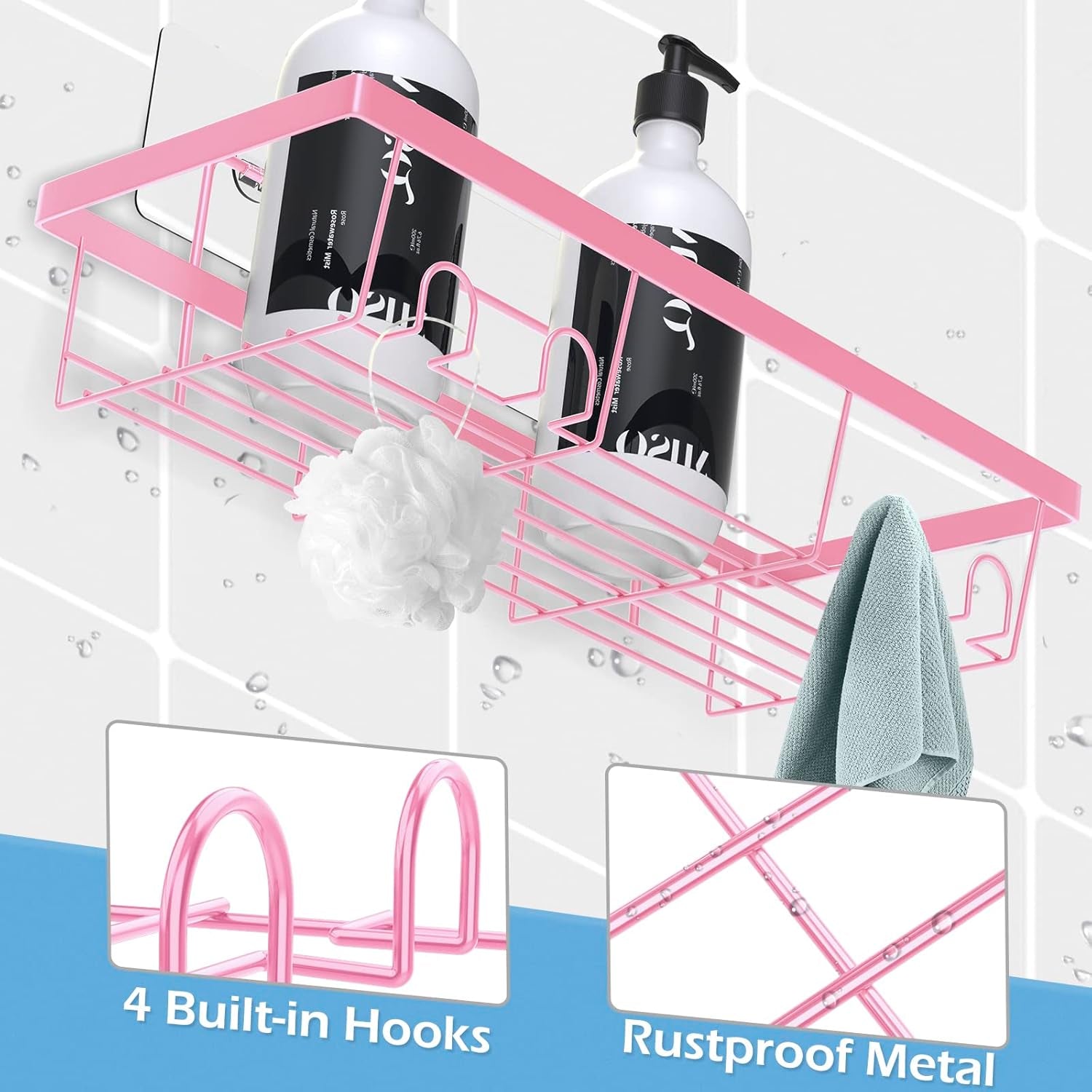 2 Pack Adhesive Shower Caddy Organizer with Hooks, Rustproof No Drilling Wall Mounted Storage Shelf Rack for inside Shower/Bathroom/Kitchen (Pink)