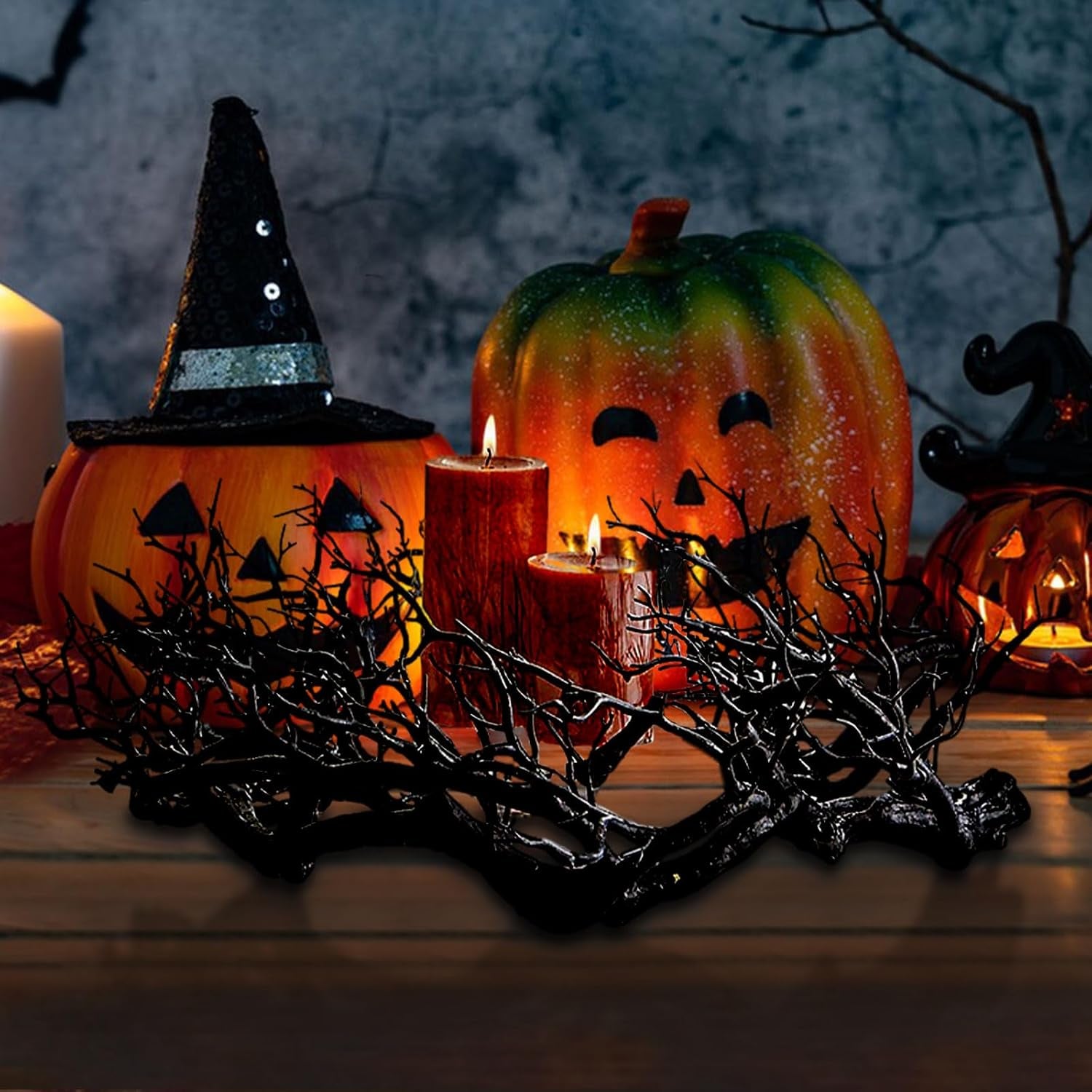 Halloween Black Branch Wreath, 18 Inch Glitter Black Twig Tree Branches Halloween Wreaths with Lights for Front Door Wall Horror Table Decor for Home Window Farmhouse Party (Branch with Red Lights)