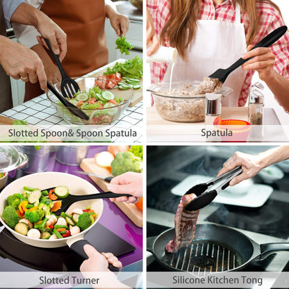 Kitchen Utensils Silicone Cooking Utensil Set, 28Pcs Baking Utensils Spatulas with Holder, Heat-Resistant & Non Toxic, Non-Stick & Dishwasher Safe, Black