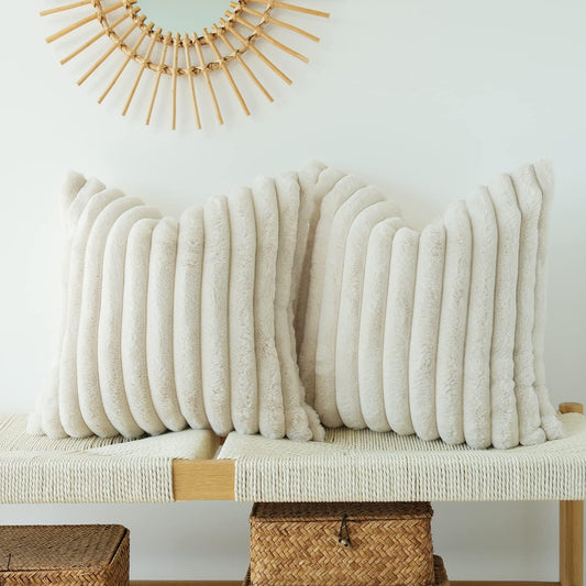 Pack of 2 Faux Fur Plush Decorative Throw Pillow Covers for Home, Couch Cushion Case Soft Solid Pillowcases (Beige, 20 X 20-Inch)