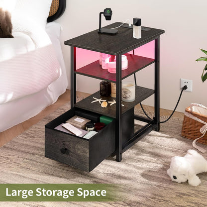 End Table with Charging Station, Narrow Side Table with Adjustable Fabric Drawer, 3-Tier End Tables Living Room, Small Nightstand with Outlets, LED Skinny Night Stand for Bedroom Small Spaces