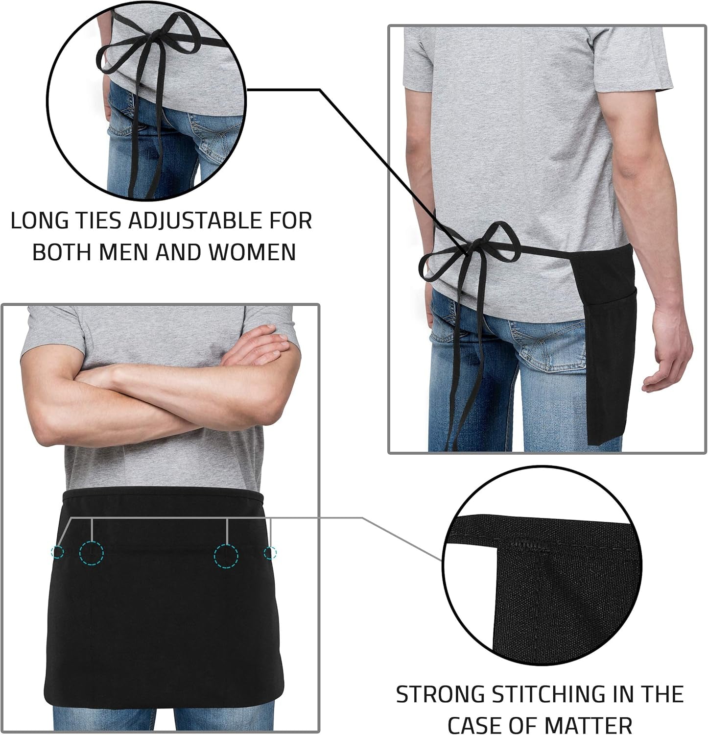 12 Pack Server Apron with 3 Pockets, Waist Apron for Waiter Waitress, 12 Inches