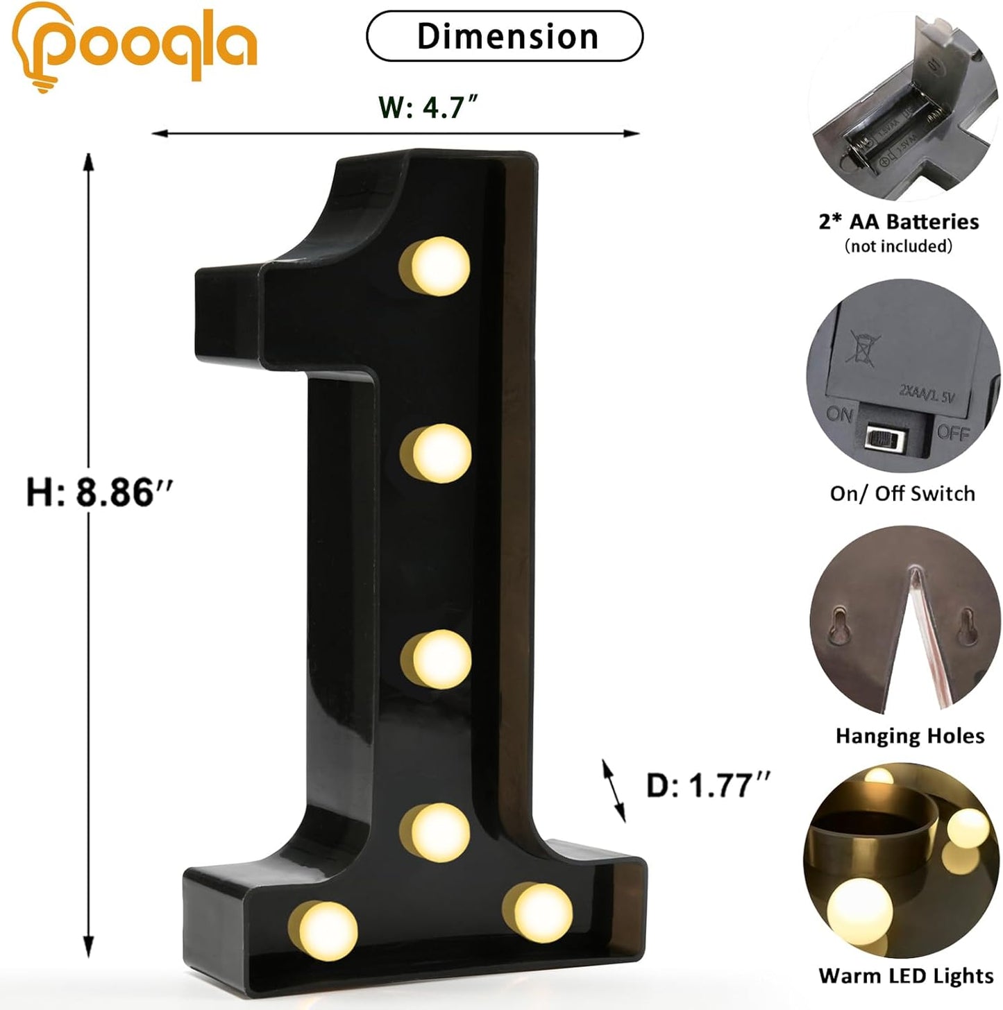 Decorative Led Light up Number Letters, Black Plastic Marquee Number Lights Sign for 1St 10Th 21Th Birthday Party Wedding Decor Battery Operated Black Decoration 1