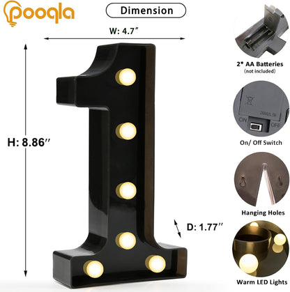 Decorative Led Light up Number Letters, Black Plastic Marquee Number Lights Sign for 1St 10Th 21Th Birthday Party Wedding Decor Battery Operated Black Decoration 1