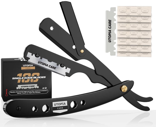 Professional Straight Razor for Men, Barber Straight Edge Razor Safety with 100 Pack Blades, Black