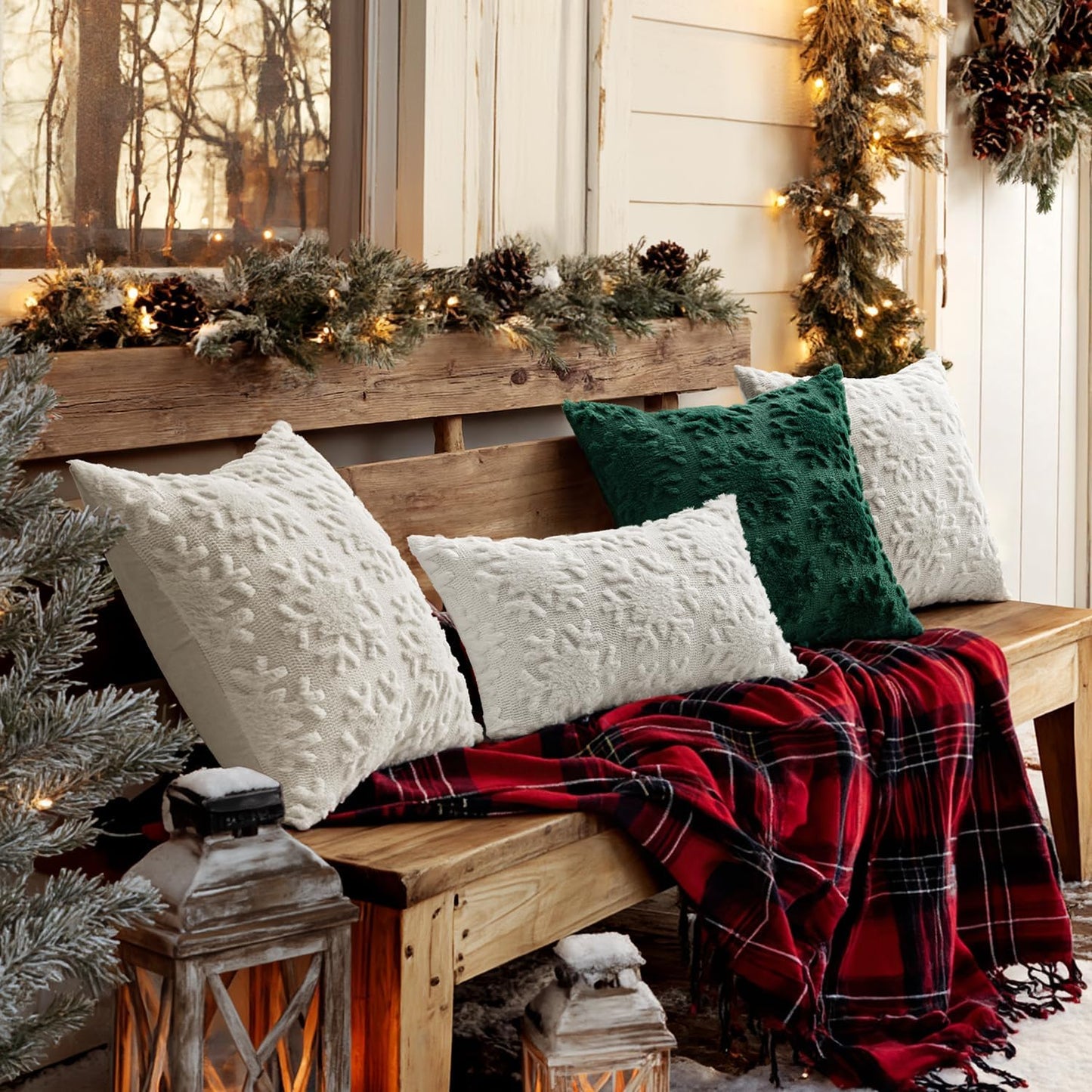 Christmas Snowflake Decorative Throw Pillow Covers Set of 2,Soft Fluffy Faux Wool Winter Holiday Couch Pillows for Farmhouse Boho Home Decor Sofa Bed Porch Living Room 18X18 Inch Pure White