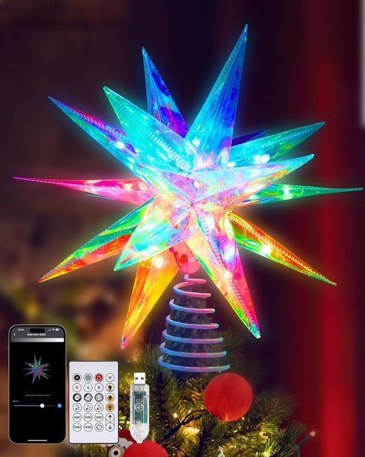 RGB LED Christmas Tree Topper Star - App-Controlled, USB Powered, Decorative 10.6" Christmas Star with Timer, Perfect for Small Ornaments and Indoor Xmas Parties - Multi-Color Lighting