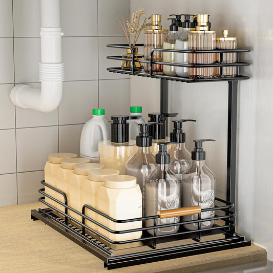 under Sink Organizers and Storage, 2 Tier Bathroom Kitchen Cabinet Organizers, Pull Out under Sink Storage Kitchen Shelf Organizer for under Counter Storage