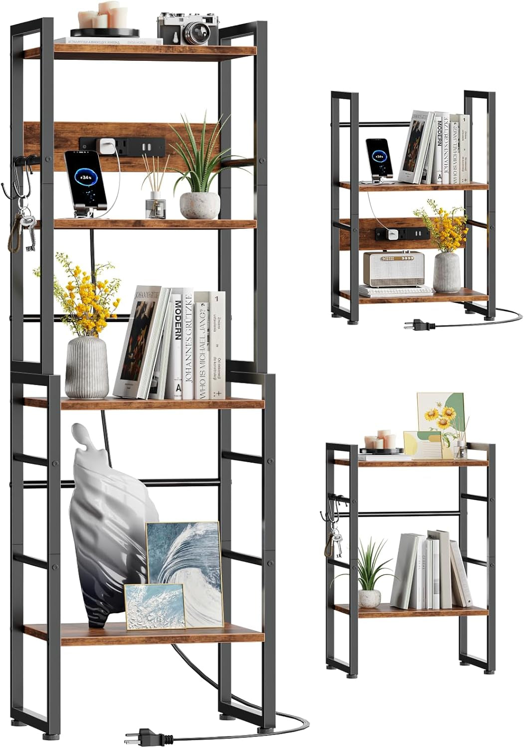 Book Shelf, 4 Tier Bookshelf with Charging Station, Industrial Small Bookcase Set of 2, Display Shelf, Stackable Book Storage Shelves for Bedroom/Living Room/Home Office, Rustic Brown