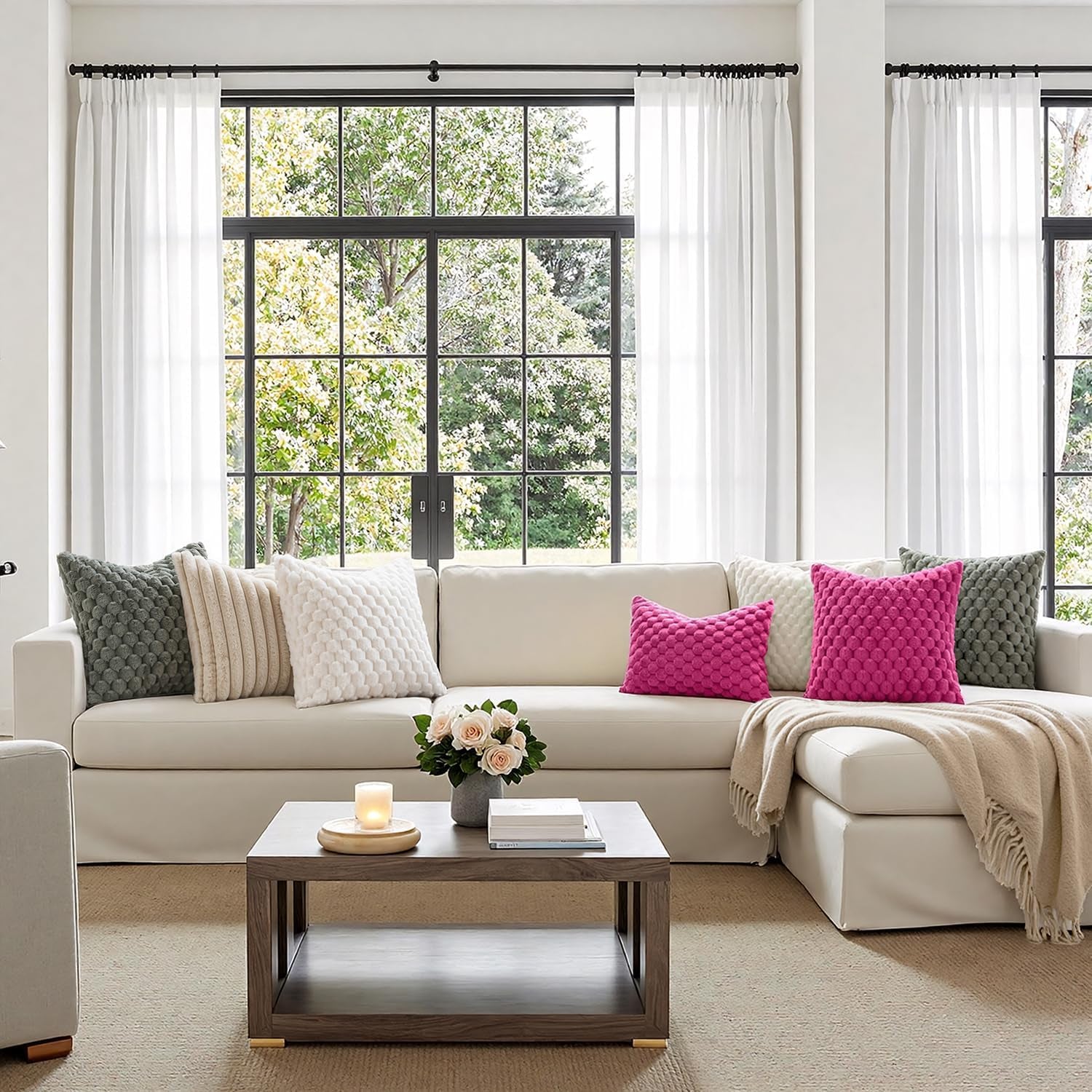 Hot Pink Faux Fur Decorative Throw Pillow Covers 18X18 Inch Set of 2 Super Soft Cozy Plush Cushion Cases Luxury Fluffy Pillowcases for Sofa Couch Bed Living Room