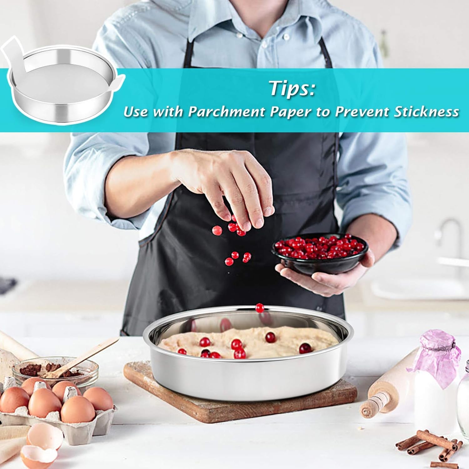 9½-Inch round Cake Pan,  Stainless Steel Bakeware Cake Pan, Easy Releasing & Cleaning, Oven & Dishwasher Safe, Round/Sliver