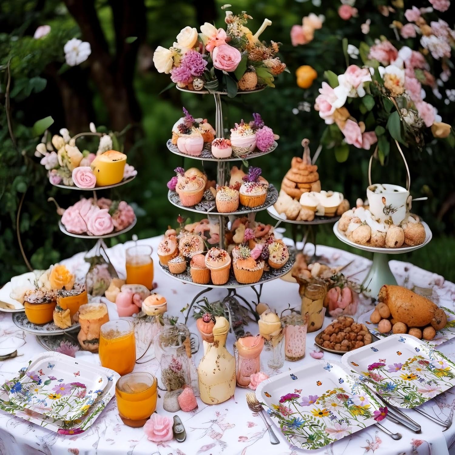 100-Piece Floral Disposable Paper Plate Set - 9'' Dinner Plates and 7'' Square Dessert Plates for Birthdays, Weddings, Baby Showers, and Parties (Sweet Color, Wildflower Design)