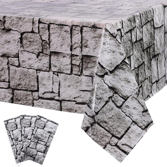 3 Packs Stone Wall Tablecloths 54 X 108 Inch Halloween Table Cloth Stone Printed Table Cover Wallpaper Plastic Medieval Castle Knight Themed Backdrop Stones Brick Tablecovers for Birthday Party