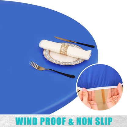 round Picnic Tablecloth, Waterproof Elastic Fitted Table Covers for 36" - 44" Tables, Wipeable Flannel Backed Vinyl Tablecloths for Camping, Indoor, Outdoor, Blue