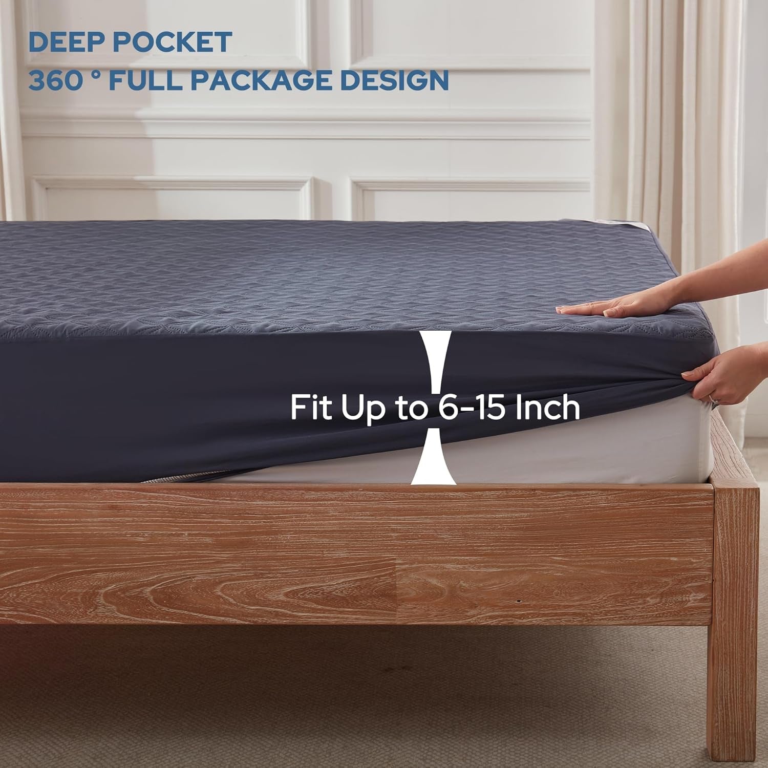Waterproof Mattress Protector, Twin Size Noiseless Mattress Pad with Deep Pocket 6"-15" Depth, Soft Breathable Bed Mattress Cover Washable for Home, Bedroom, Hotel (Navy Blue)