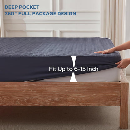 Waterproof Mattress Protector, Twin Size Noiseless Mattress Pad with Deep Pocket 6"-15" Depth, Soft Breathable Bed Mattress Cover Washable for Home, Bedroom, Hotel (Navy Blue)