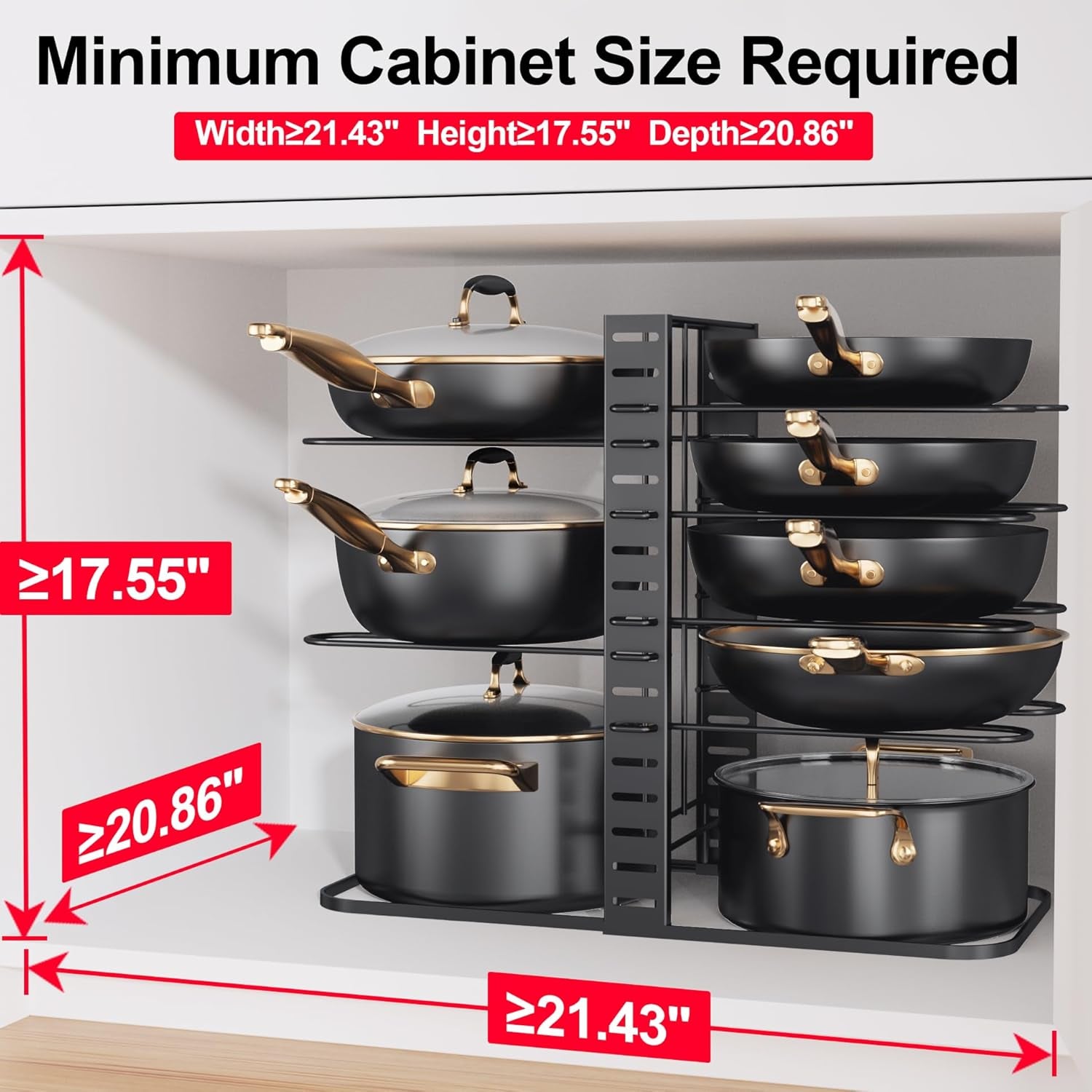 Pots and Pans Organizer Rack under Cabinet 14.55In Height, 8-Tier Kitchen Cabinet Organizers and Storage, Light-Duty Adjustable Pot Racks, Pan Organizers inside Cabinet with 3 DIY Methods