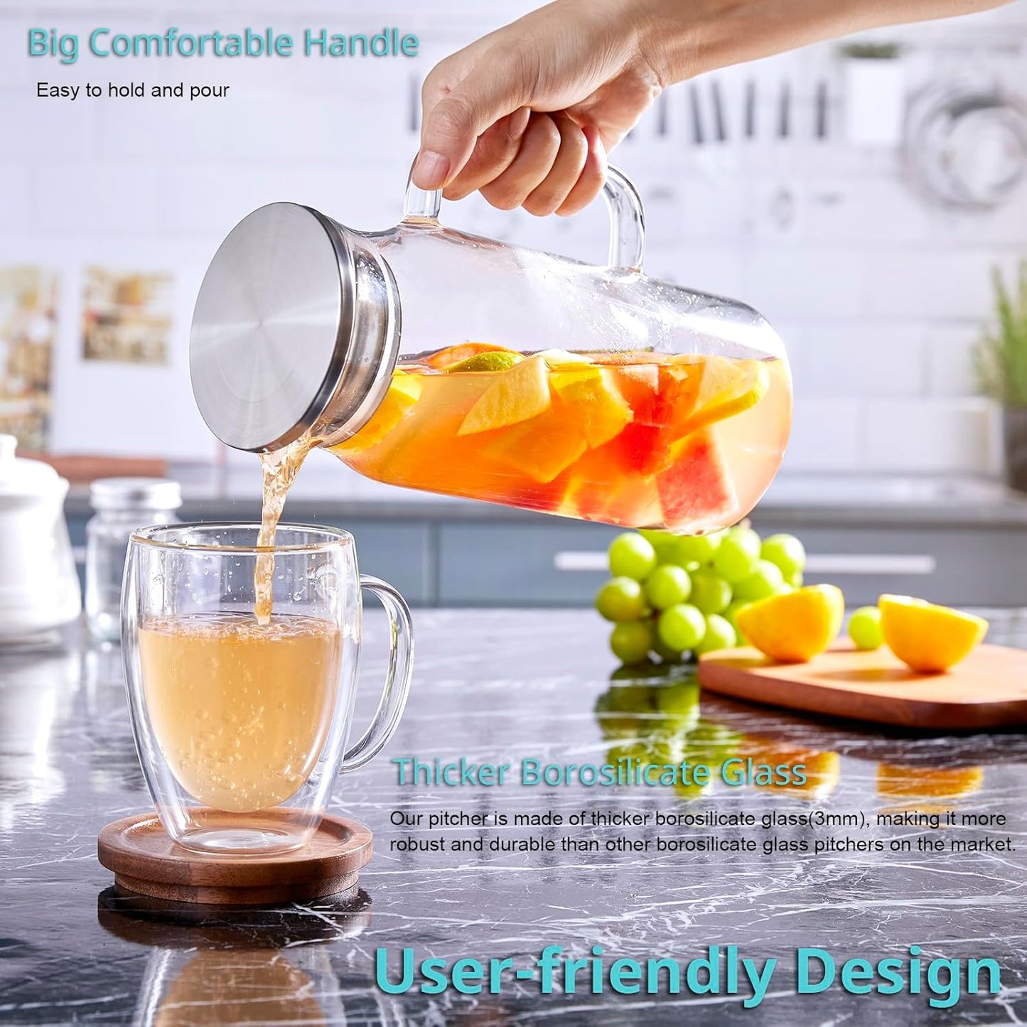 1.2 Liter 40 Oz Small Glass Pitcher with Lid and Handle, Glass Carafe for Hot/Cold Water, Iced Tea Jug for Coffee, Juice and Homemade Beverage
