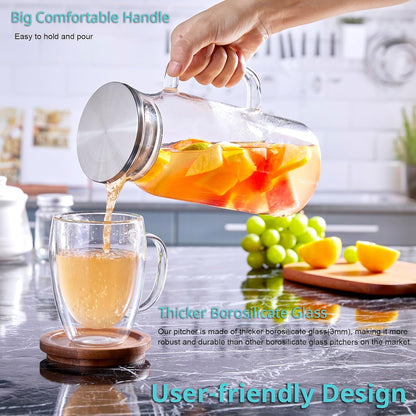 1.2 Liter 40 Oz Small Glass Pitcher with Lid and Handle, Glass Carafe for Hot/Cold Water, Iced Tea Jug for Coffee, Juice and Homemade Beverage