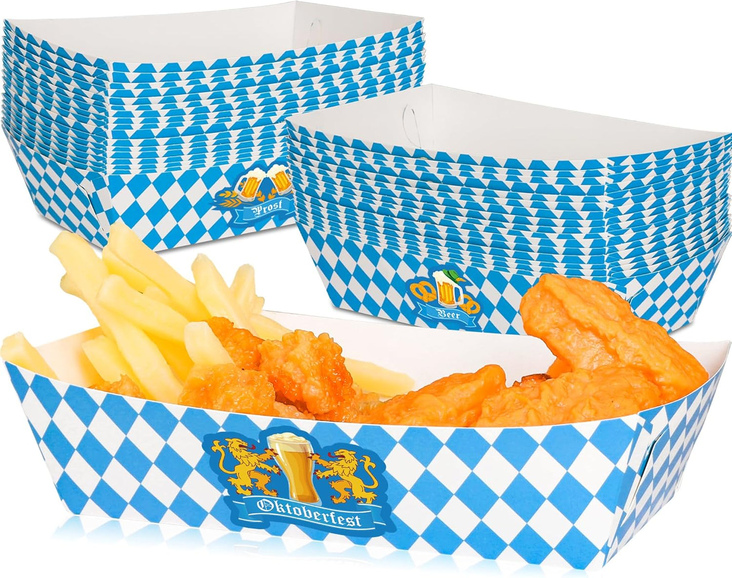 30 PCS Oktoberfest Decoration, Oktoberfest Food Trays with 3 Designs, Disposable Beer Gathering Supply, Paper Snack Take Out Food Serving Tray Blue White Checkered Tray Oktoberfest Party Supplies