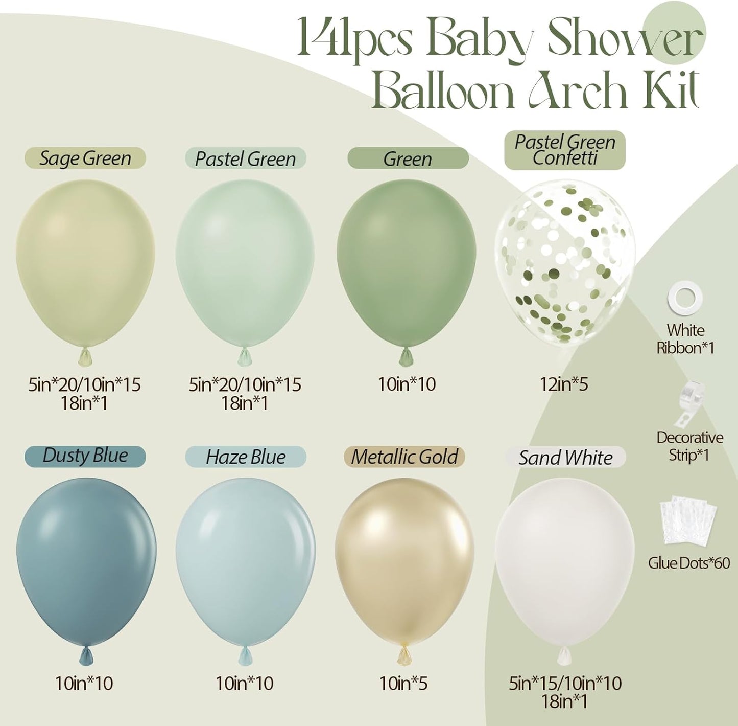 141Pcs Sage Green Balloon Arch Kit, Dusty Blue Balloon Arch Kit with Gold White Sand Pastel Green Confetti Balloons for Boho Birthday Baby Shower Decorations