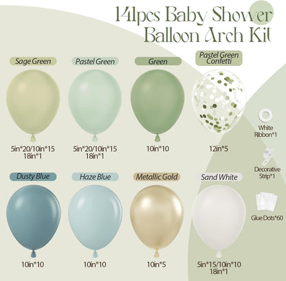 141Pcs Sage Green Balloon Arch Kit, Dusty Blue Balloon Arch Kit with Gold White Sand Pastel Green Confetti Balloons for Boho Birthday Baby Shower Decorations
