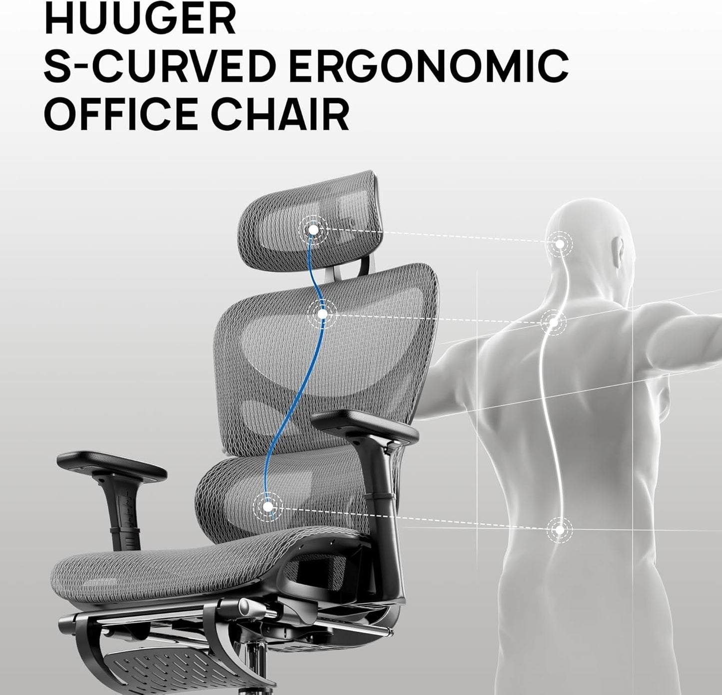 Ergonomic Mesh Office Chair with Footrest and Lumbar Support, Adjustable Gaming Chair with Multi-Tilt Backrest, Headrest, and 3D Armrests, Durable Steel Base, Grey and Black