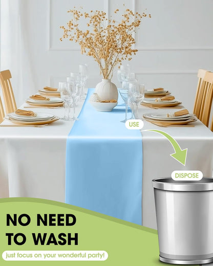 Light Blue Plastic Table Runners - 10 Pack, 14'' X 108'', Water Resistant & Disposable Centerpiece Decorations for Table Cloth, Wedding, Birthday, Holiday, Baby Shower, Party, Home Decor