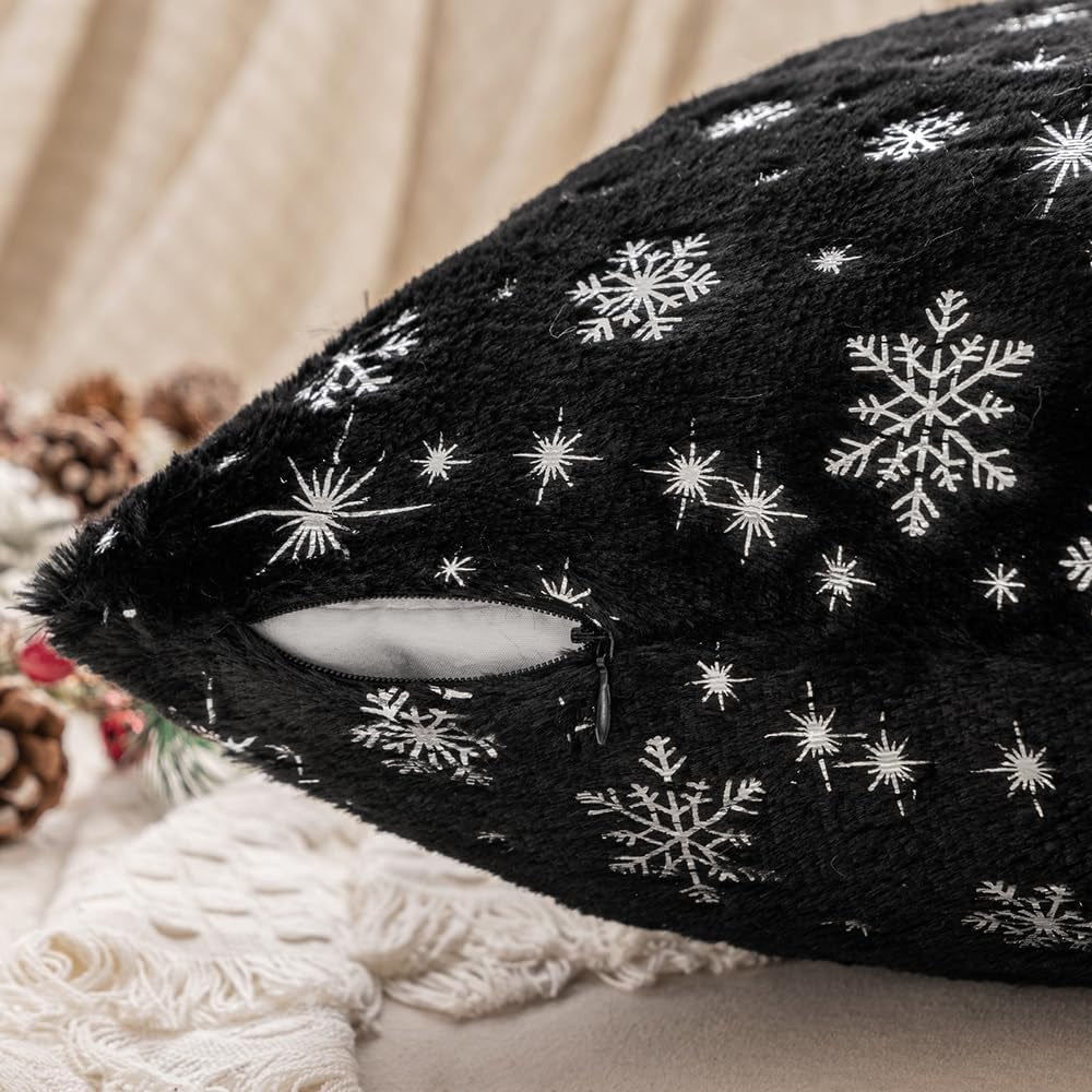 Set of 2 Christmas Decorative Throw Pillow Covers Soft Faux Fur Winter Pillow Covers with Silver Snowflake Glitter Holiday Festival Pillowcases for Couch Sofa Bed, 18×18Inch, Black