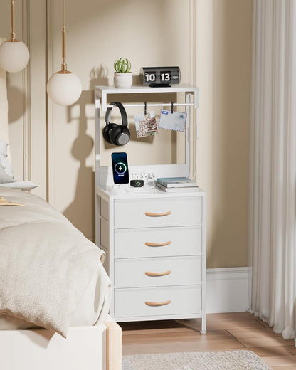 White Tall Nightstand with Charging Station and LED Lighting, Multifunctional Bedside Table with 4 Fabric Drawers, Metal Frame and Wood Shelves for Bedroom, Office, and Hallway