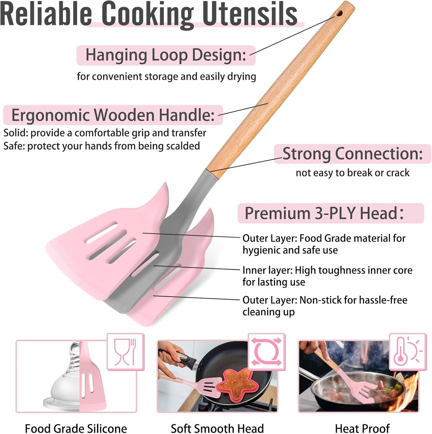 Silicone Cooking Utensils Set, 8-Piece Kitchen Cooking Utensil with Wooden Handle, Silicone Spatula for Nonstick Cookware, Heat-Proof & Easy Clean, Pink