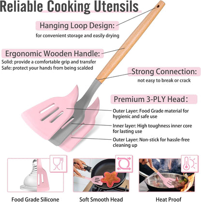 Silicone Cooking Utensils Set, 8-Piece Kitchen Cooking Utensil with Wooden Handle, Silicone Spatula for Nonstick Cookware, Heat-Proof & Easy Clean, Pink