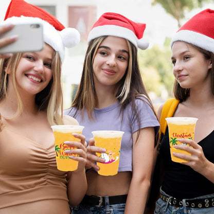 50 Pcs July Christmas Plastic Cups, 14 Oz Xmas in July Party Decorations, Santa Summer Christmas Disposable Plastic Cups, Clear Cup for Tropical Beach Bbqs Summer Hawaiian Party Supplies