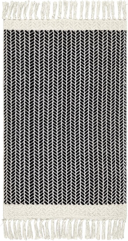 Boho Bathroom Rugs, Small 2X3 Front Door Mat Lightweight Kitchen Rug Woven Cotton Area Rug with Tassels, Farmhouse Washable Black and White Throw Rug Low Pile Carpet for Entry Laundry