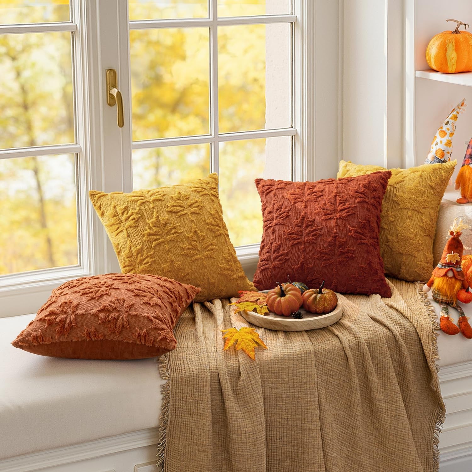 Mustard Yellow Fall Throw Pillow Covers 20x20 - Set of 2 Decorative Hollow Maple Leaf Accent Pillows in Soft Plush Faux Wool for Autumn Home Decor and Holiday Bedroom Use