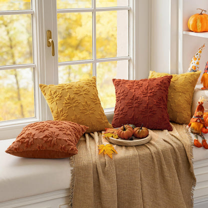 Mustard Yellow Fall Throw Pillow Covers 20x20 - Set of 2 Decorative Hollow Maple Leaf Accent Pillows in Soft Plush Faux Wool for Autumn Home Decor and Holiday Bedroom Use