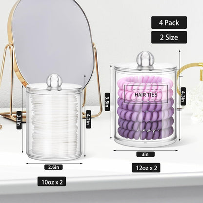 Qtip Holder Dispenser - 4 Pack 10Oz, 12Oz Clear Plastic Apothecary Jars Set - Restroom Bathroom Makeup Organizers Containers for Cotton Ball/Swab/Round Pads, Floss, Hair Ties, Bath Salt
