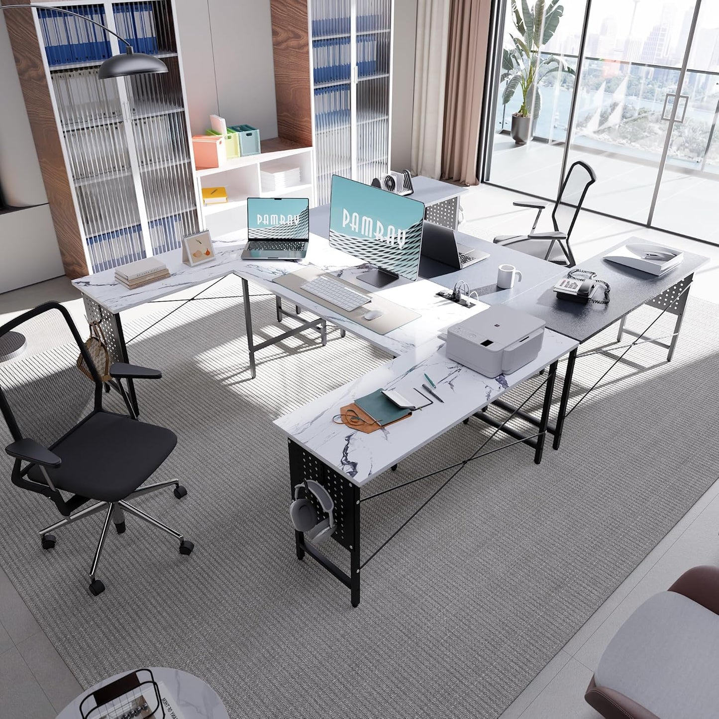 71 Inch Large Computer Desk with Power Outlets,U Shaped Corner Desk for Home Office Work and Gaming Marble