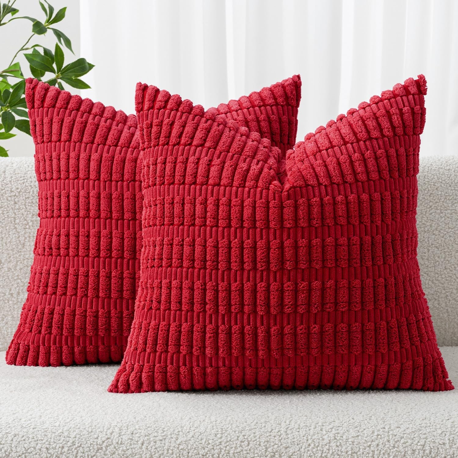 Pack of 2 Christmas Red Corduroy Decorative Pillow Covers 18X18 Inch Soft Boho Striped Throw Pillow Covers Modern Farmhouse Home Decor for Sofa Living Room Couch Bed