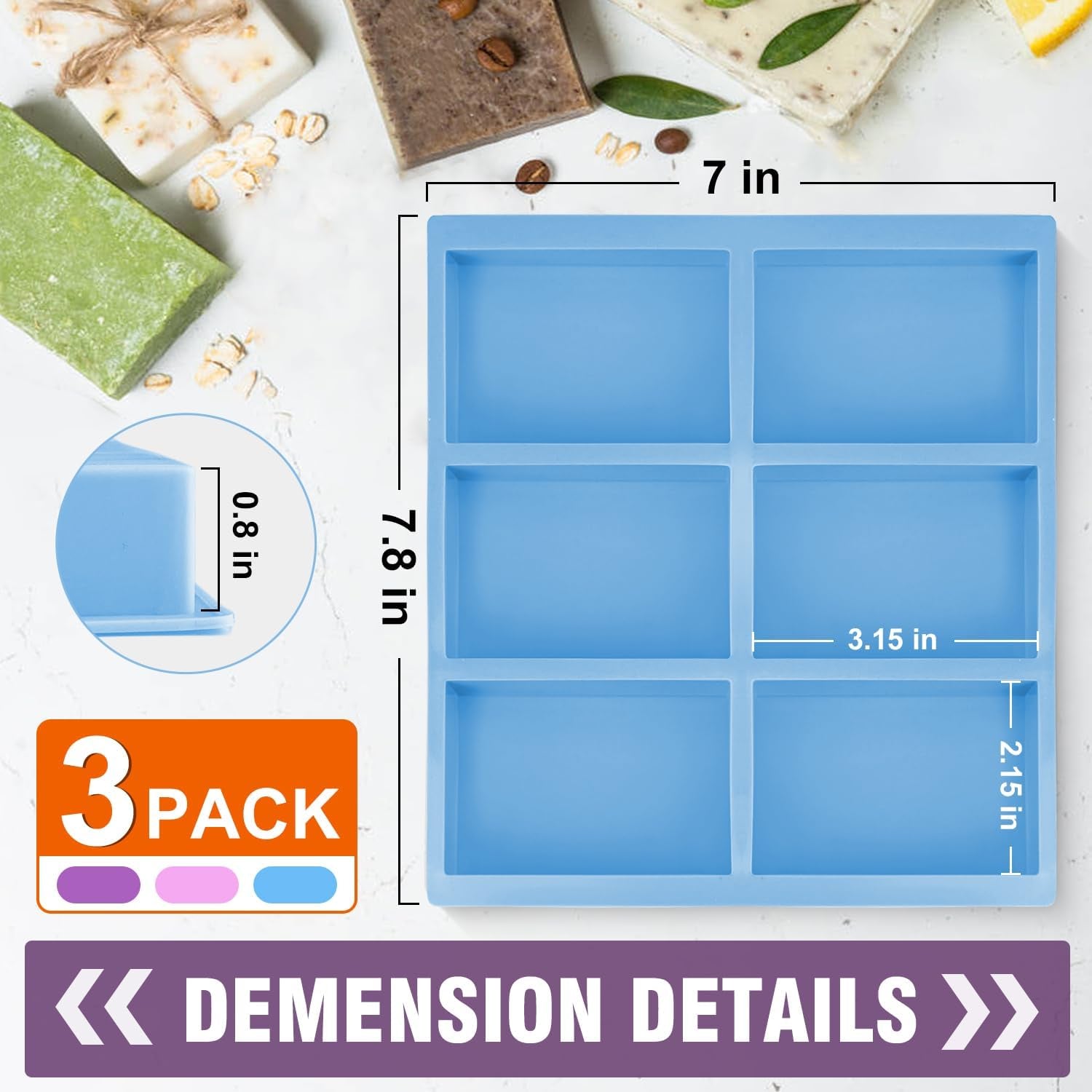 Silicone Soap Molds Set of 3, 6 Cavities Rectangle Silicone Soap Molds for Homemade Craft Soap Mold, Cake,Chocolate ＆ Ice Cube Tray（Blue & Purple ＆ Pink）