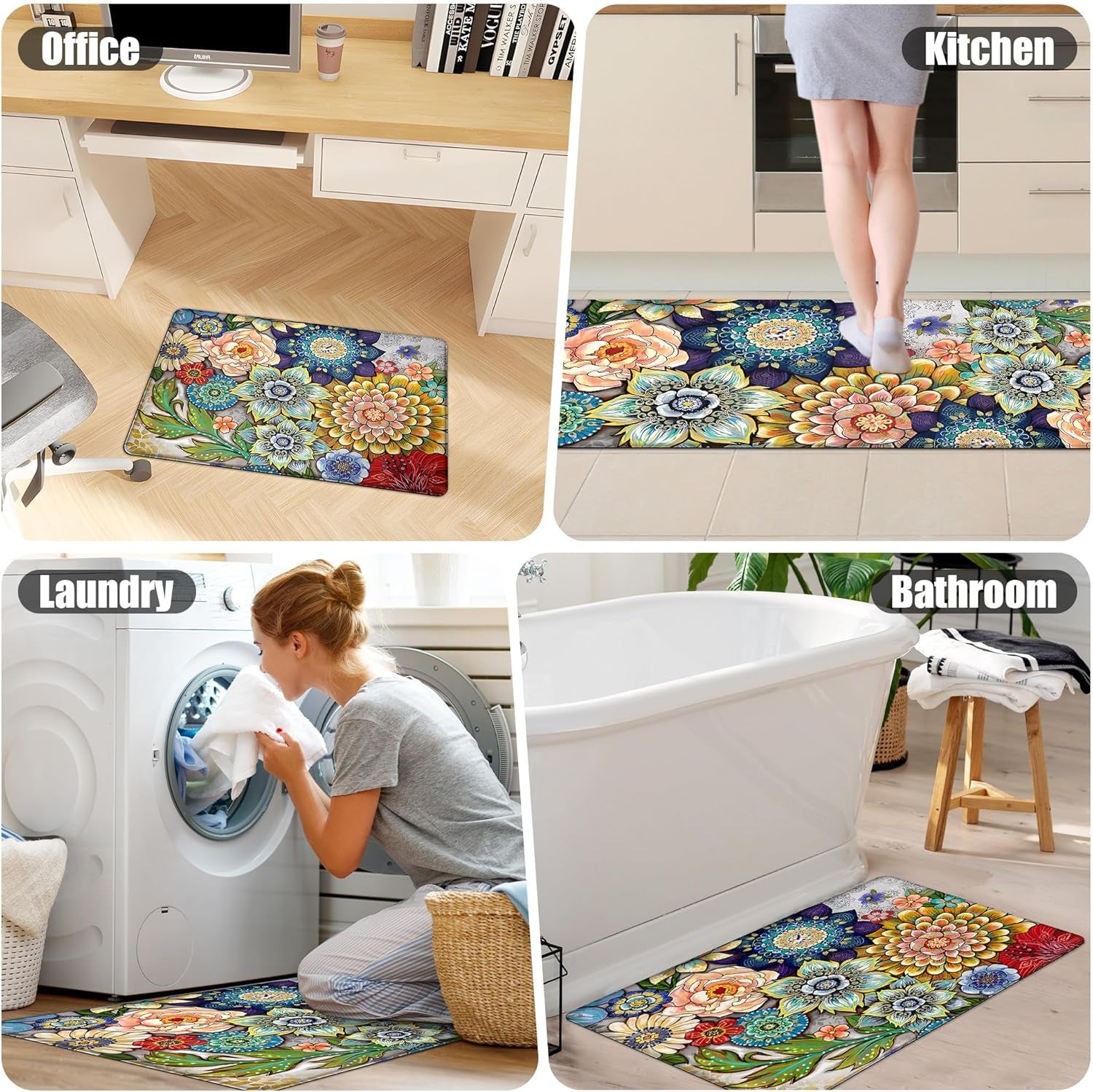 Boho Floral Kitchen Rugs Mats for Floor 2 Piece Memory Foam Padded Kitchen Mats anti Fatigue Non Slip Cushioned Comfort Standing Mat, 17.3X28+17.3X47 Inch