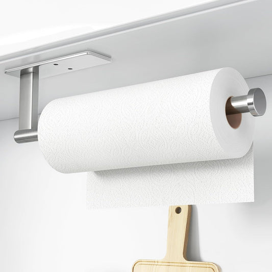 Paper Towel Holder under Cabinet - Stainless Steel Paper Towel Holder Wall Mount, Self-Adhesive or Drilling, Silver Towel Rack for Kitchen Organization and Storage, Kitchen Paper Roll Holder