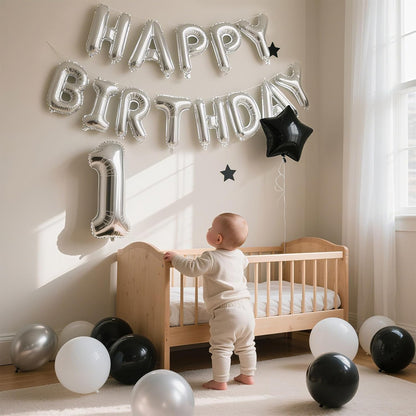 Silver Happy Birthday Banner, 13Pcs Mylar Foil 3D Letter Balloons Happy Birthday Sign Balloon for Wall Backdrop Baby Shower Welcome Party Supplies and Decorations for Women, Men, Boys & Girls