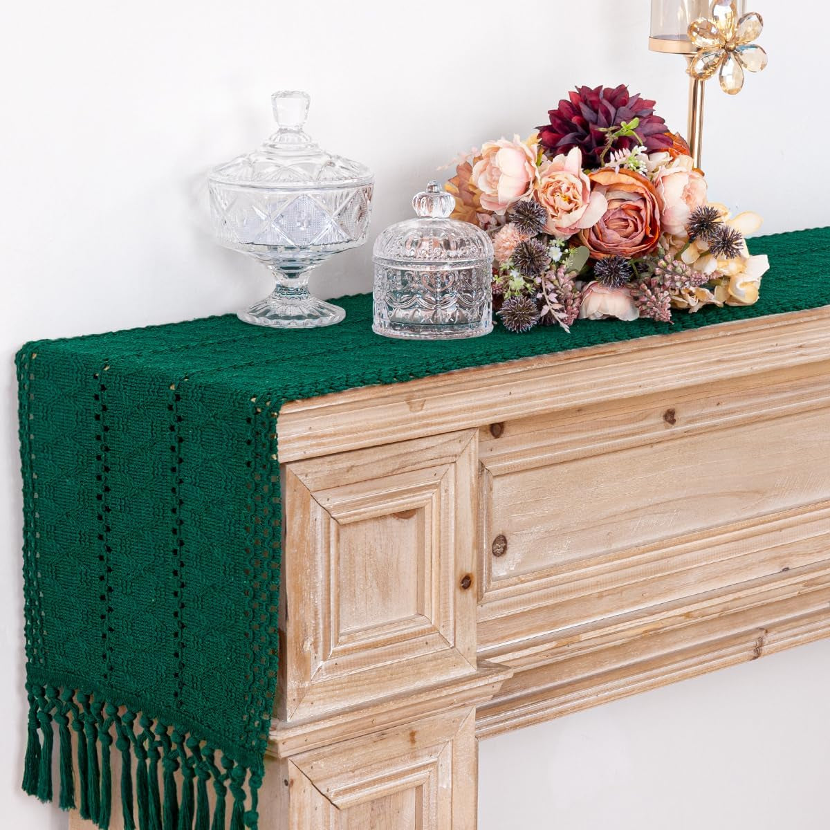 Macrame Table Runner 12 X 36 Inches Boho Farmhouse Table Runner with Tassels Cotton Linen Woven Table Runner for Spring Dining Table Home Decor, Emerald Green