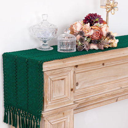 Macrame Table Runner 12 X 36 Inches Boho Farmhouse Table Runner with Tassels Cotton Linen Woven Table Runner for Spring Dining Table Home Decor, Emerald Green